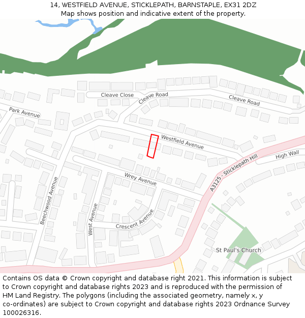 14, WESTFIELD AVENUE, STICKLEPATH, BARNSTAPLE, EX31 2DZ: Location map and indicative extent of plot