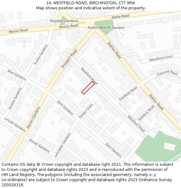 14, WESTFIELD ROAD, BIRCHINGTON, CT7 9RW: Location map and indicative extent of plot