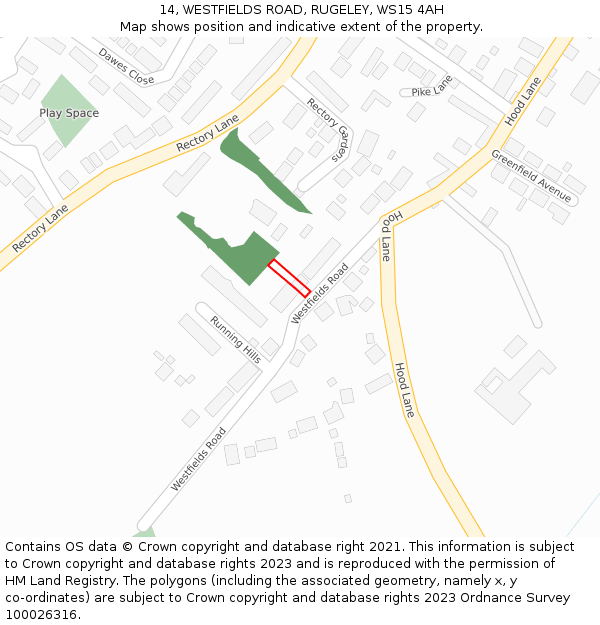 14, WESTFIELDS ROAD, RUGELEY, WS15 4AH: Location map and indicative extent of plot