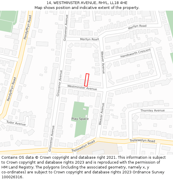 14, WESTMINSTER AVENUE, RHYL, LL18 4HE: Location map and indicative extent of plot