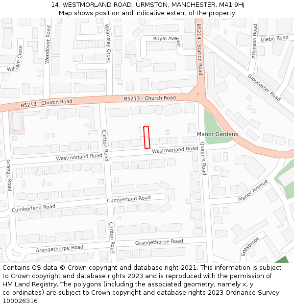 14, WESTMORLAND ROAD, URMSTON, MANCHESTER, M41 9HJ: Location map and indicative extent of plot