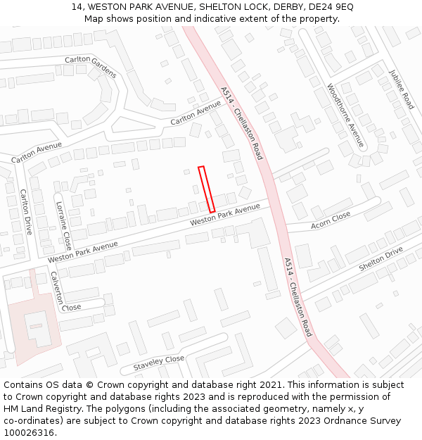 14, WESTON PARK AVENUE, SHELTON LOCK, DERBY, DE24 9EQ: Location map and indicative extent of plot