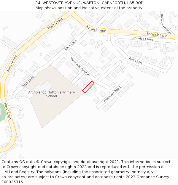 14, WESTOVER AVENUE, WARTON, CARNFORTH, LA5 9QP: Location map and indicative extent of plot