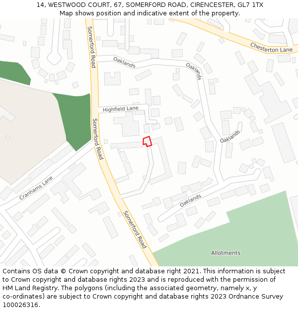 14, WESTWOOD COURT, 67, SOMERFORD ROAD, CIRENCESTER, GL7 1TX: Location map and indicative extent of plot