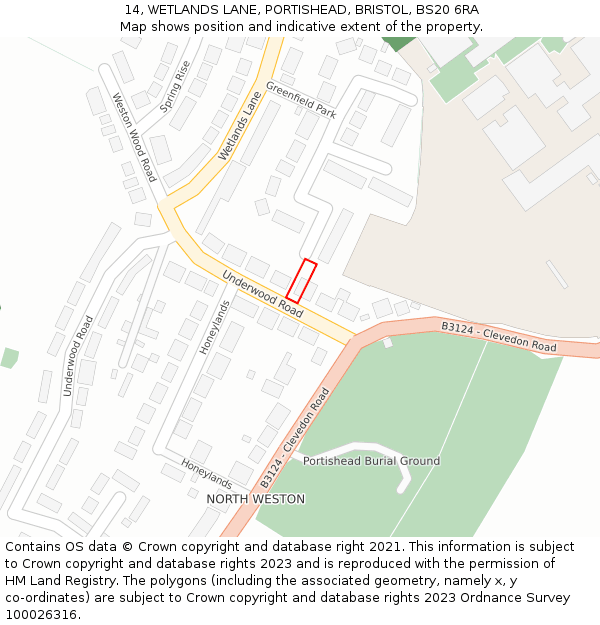 14, WETLANDS LANE, PORTISHEAD, BRISTOL, BS20 6RA: Location map and indicative extent of plot