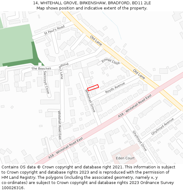 14, WHITEHALL GROVE, BIRKENSHAW, BRADFORD, BD11 2LE: Location map and indicative extent of plot