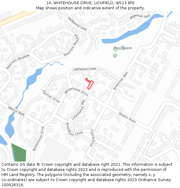14, WHITEHOUSE DRIVE, LICHFIELD, WS13 8FE: Location map and indicative extent of plot