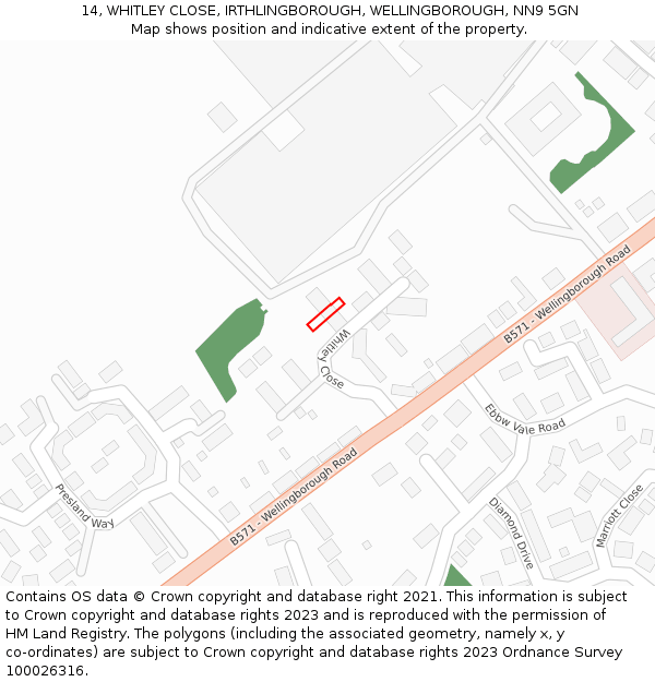 14, WHITLEY CLOSE, IRTHLINGBOROUGH, WELLINGBOROUGH, NN9 5GN: Location map and indicative extent of plot