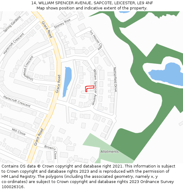 14, WILLIAM SPENCER AVENUE, SAPCOTE, LEICESTER, LE9 4NF: Location map and indicative extent of plot