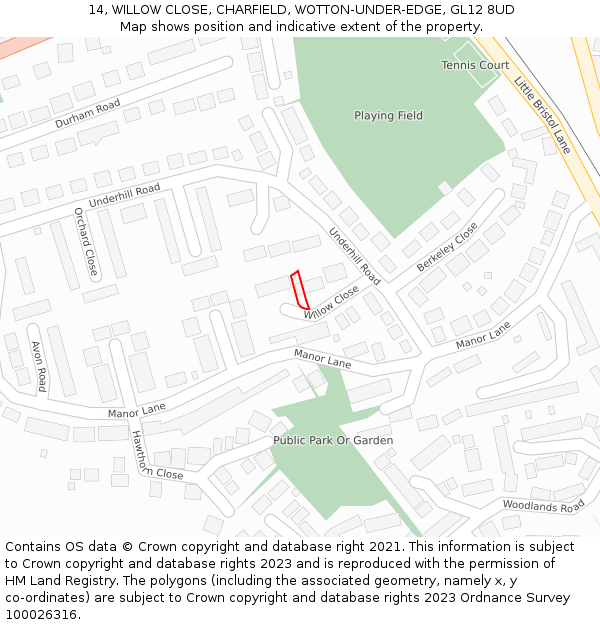 14, WILLOW CLOSE, CHARFIELD, WOTTON-UNDER-EDGE, GL12 8UD: Location map and indicative extent of plot