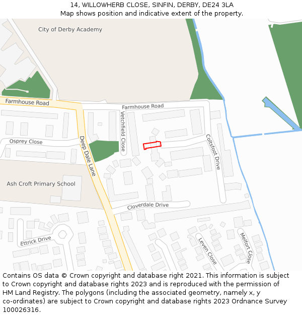 14, WILLOWHERB CLOSE, SINFIN, DERBY, DE24 3LA: Location map and indicative extent of plot