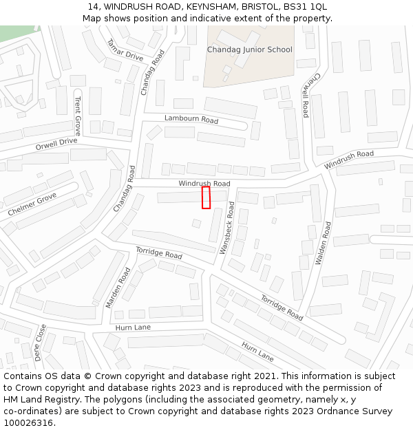 14, WINDRUSH ROAD, KEYNSHAM, BRISTOL, BS31 1QL: Location map and indicative extent of plot