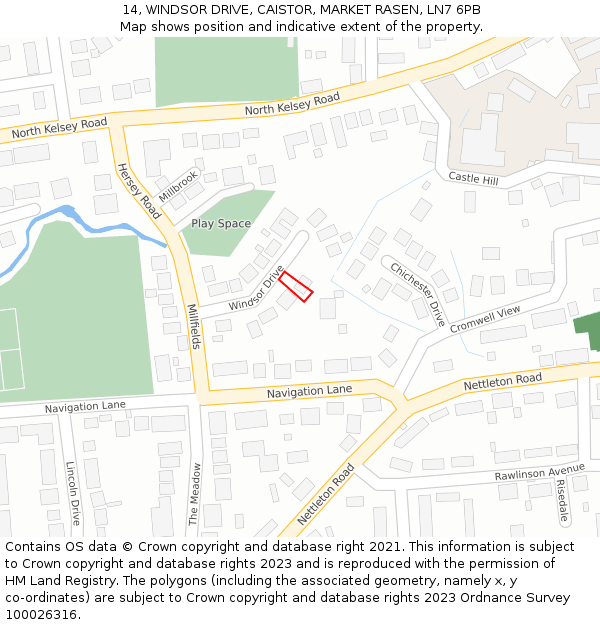 14, WINDSOR DRIVE, CAISTOR, MARKET RASEN, LN7 6PB: Location map and indicative extent of plot