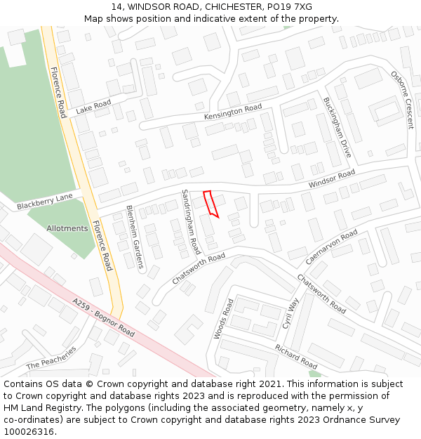 14, WINDSOR ROAD, CHICHESTER, PO19 7XG: Location map and indicative extent of plot