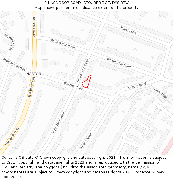 14, WINDSOR ROAD, STOURBRIDGE, DY8 3BW: Location map and indicative extent of plot