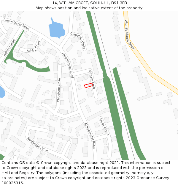 14, WITHAM CROFT, SOLIHULL, B91 3FB: Location map and indicative extent of plot