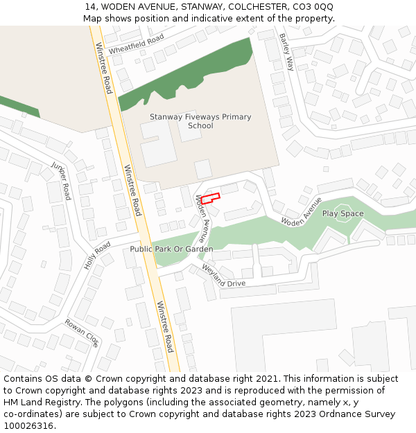 14, WODEN AVENUE, STANWAY, COLCHESTER, CO3 0QQ: Location map and indicative extent of plot