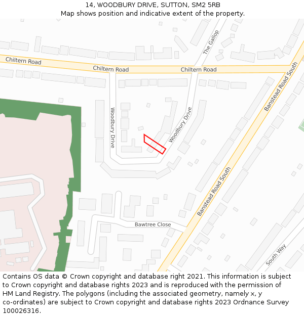 14, WOODBURY DRIVE, SUTTON, SM2 5RB: Location map and indicative extent of plot