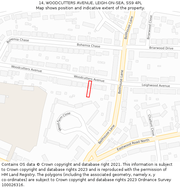 14, WOODCUTTERS AVENUE, LEIGH-ON-SEA, SS9 4PL: Location map and indicative extent of plot