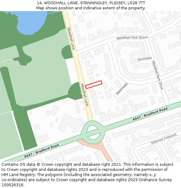 14, WOODHALL LANE, STANNINGLEY, PUDSEY, LS28 7TT: Location map and indicative extent of plot