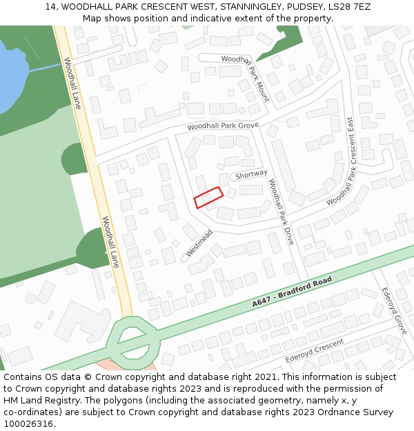 14, WOODHALL PARK CRESCENT WEST, STANNINGLEY, PUDSEY, LS28 7EZ: Location map and indicative extent of plot