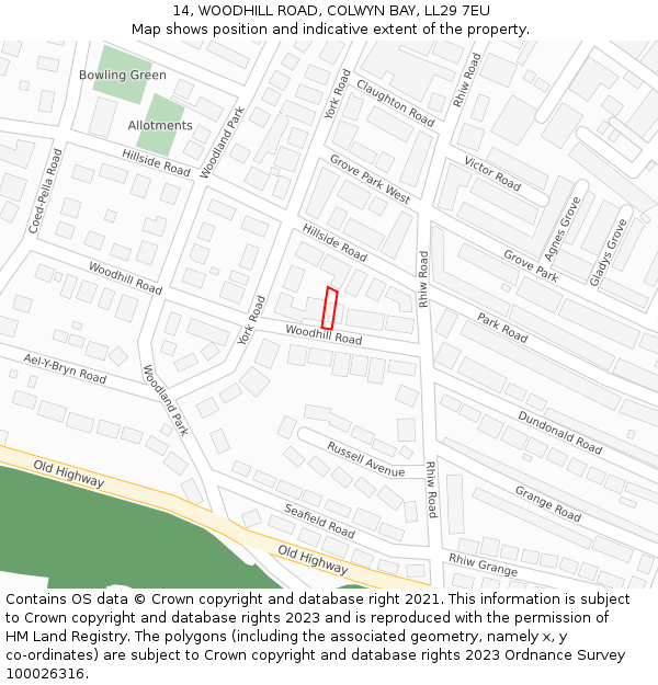 14, WOODHILL ROAD, COLWYN BAY, LL29 7EU: Location map and indicative extent of plot