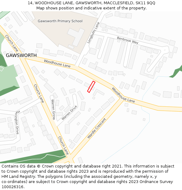 14, WOODHOUSE LANE, GAWSWORTH, MACCLESFIELD, SK11 9QQ: Location map and indicative extent of plot