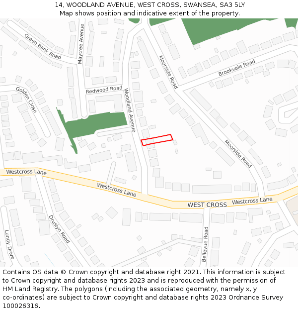 14, WOODLAND AVENUE, WEST CROSS, SWANSEA, SA3 5LY: Location map and indicative extent of plot