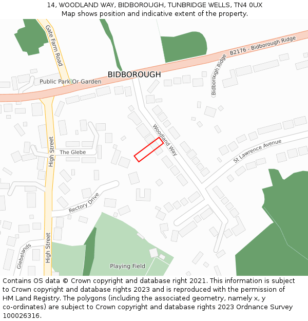 14, WOODLAND WAY, BIDBOROUGH, TUNBRIDGE WELLS, TN4 0UX: Location map and indicative extent of plot