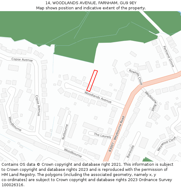 14, WOODLANDS AVENUE, FARNHAM, GU9 9EY: Location map and indicative extent of plot