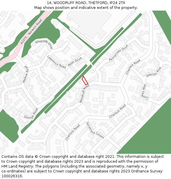 14, WOODRUFF ROAD, THETFORD, IP24 2TX: Location map and indicative extent of plot