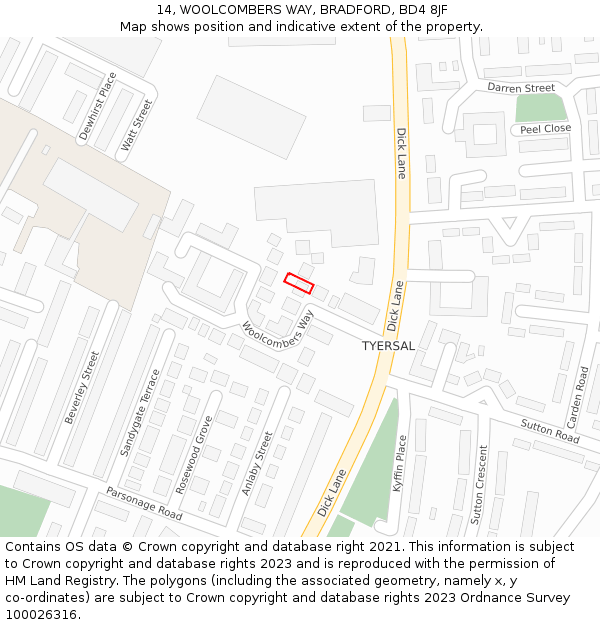 14, WOOLCOMBERS WAY, BRADFORD, BD4 8JF: Location map and indicative extent of plot