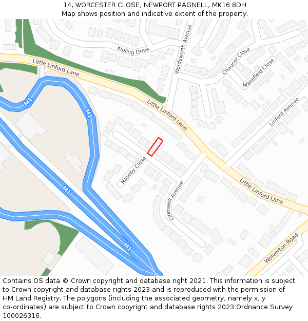 14, WORCESTER CLOSE, NEWPORT PAGNELL, MK16 8DH: Location map and indicative extent of plot