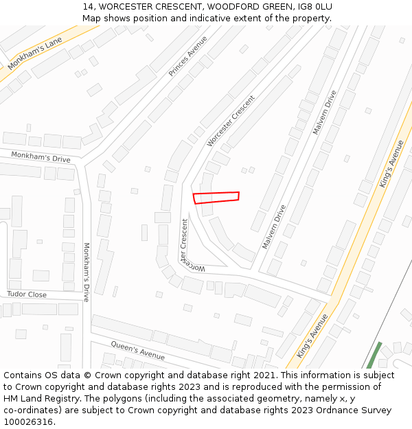 14, WORCESTER CRESCENT, WOODFORD GREEN, IG8 0LU: Location map and indicative extent of plot