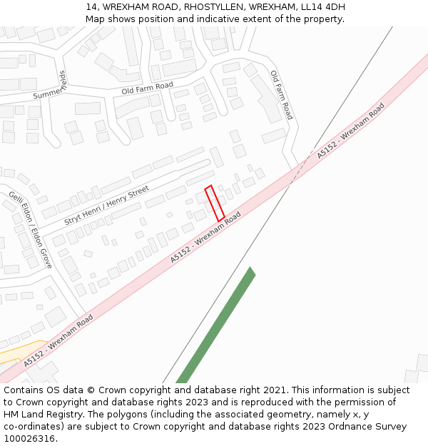14, WREXHAM ROAD, RHOSTYLLEN, WREXHAM, LL14 4DH: Location map and indicative extent of plot