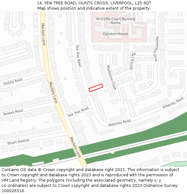 14, YEW TREE ROAD, HUNTS CROSS, LIVERPOOL, L25 9QT: Location map and indicative extent of plot