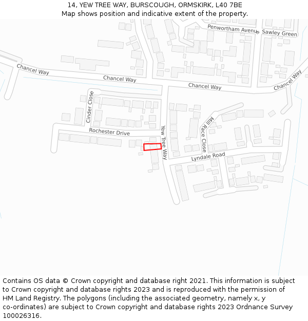 14, YEW TREE WAY, BURSCOUGH, ORMSKIRK, L40 7BE: Location map and indicative extent of plot