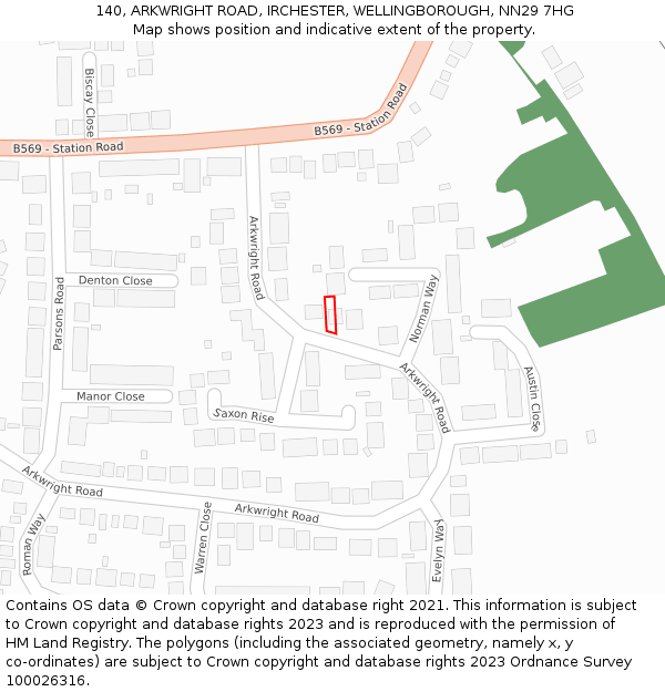 140, ARKWRIGHT ROAD, IRCHESTER, WELLINGBOROUGH, NN29 7HG: Location map and indicative extent of plot