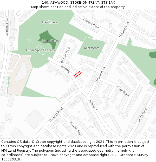 140, ASHWOOD, STOKE-ON-TRENT, ST3 1AX: Location map and indicative extent of plot