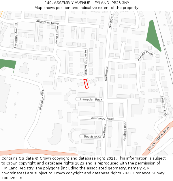 140, ASSEMBLY AVENUE, LEYLAND, PR25 3NY: Location map and indicative extent of plot