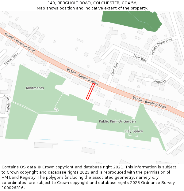 140, BERGHOLT ROAD, COLCHESTER, CO4 5AJ: Location map and indicative extent of plot