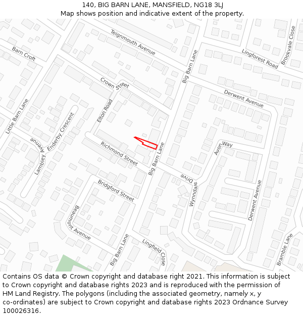 140, BIG BARN LANE, MANSFIELD, NG18 3LJ: Location map and indicative extent of plot