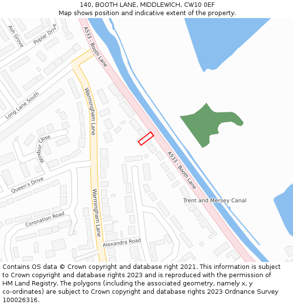 140, BOOTH LANE, MIDDLEWICH, CW10 0EF: Location map and indicative extent of plot
