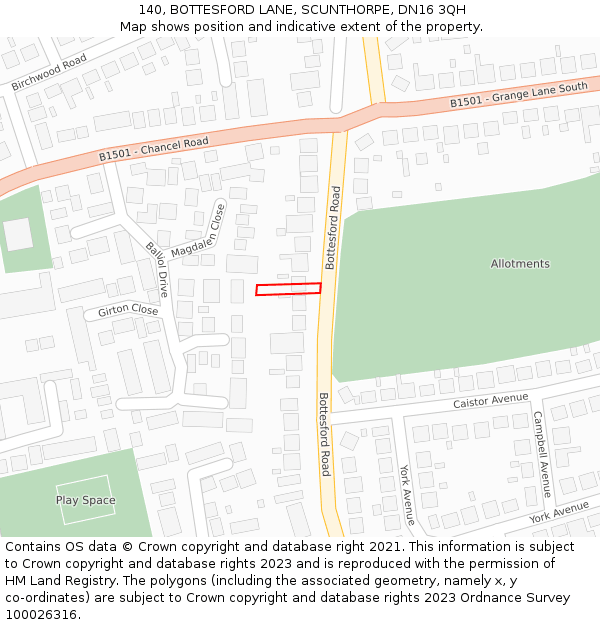 140, BOTTESFORD LANE, SCUNTHORPE, DN16 3QH: Location map and indicative extent of plot