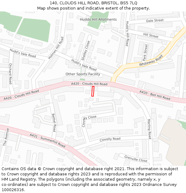 140, CLOUDS HILL ROAD, BRISTOL, BS5 7LQ: Location map and indicative extent of plot