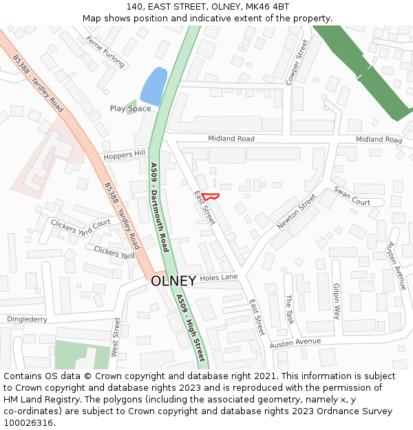 140, EAST STREET, OLNEY, MK46 4BT: Location map and indicative extent of plot