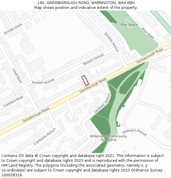 140, GAINSBOROUGH ROAD, WARRINGTON, WA4 6BN: Location map and indicative extent of plot