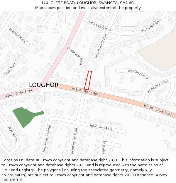 140, GLEBE ROAD, LOUGHOR, SWANSEA, SA4 6SL: Location map and indicative extent of plot