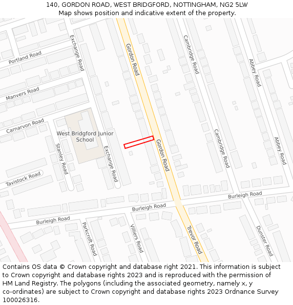 140, GORDON ROAD, WEST BRIDGFORD, NOTTINGHAM, NG2 5LW: Location map and indicative extent of plot