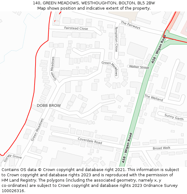 140, GREEN MEADOWS, WESTHOUGHTON, BOLTON, BL5 2BW: Location map and indicative extent of plot